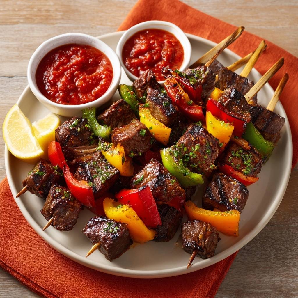 Saftige Rindfleisch-Paprika-Spieße mit Dip und Zitronenspalten auf einem Teller serviert.