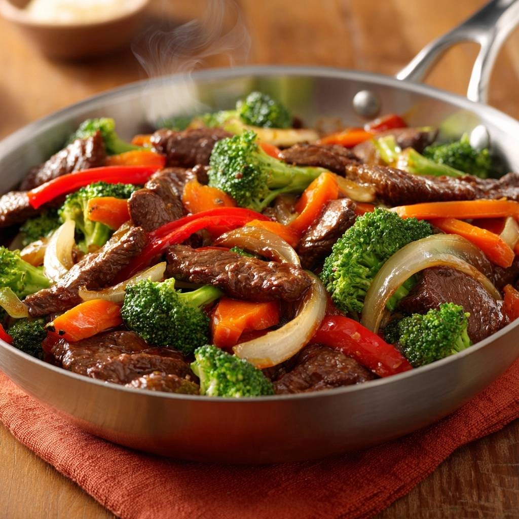 Rindfleisch-Pfanne mit Brokkoli, die dampfend in einer Edelstahlpfanne serviert wird.