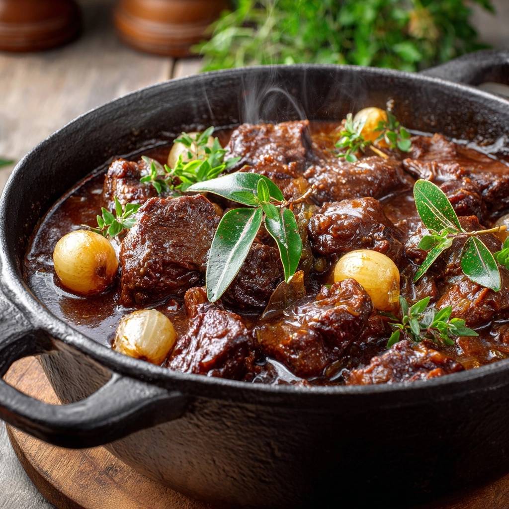 Rustikales Rindfleischragout mit Perlzwiebeln, dampfend heiss in einer gusseisernen Pfanne serviert.