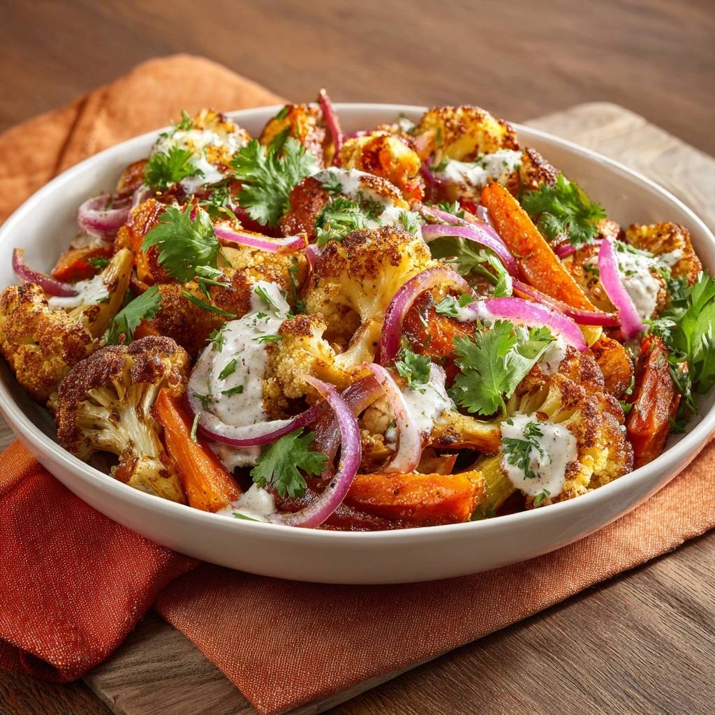 Röst-Blumenkohl mit Karotten und Joghurt-Dressing, nahaufnahme des garnierten Gerichts in einer Schüssel.