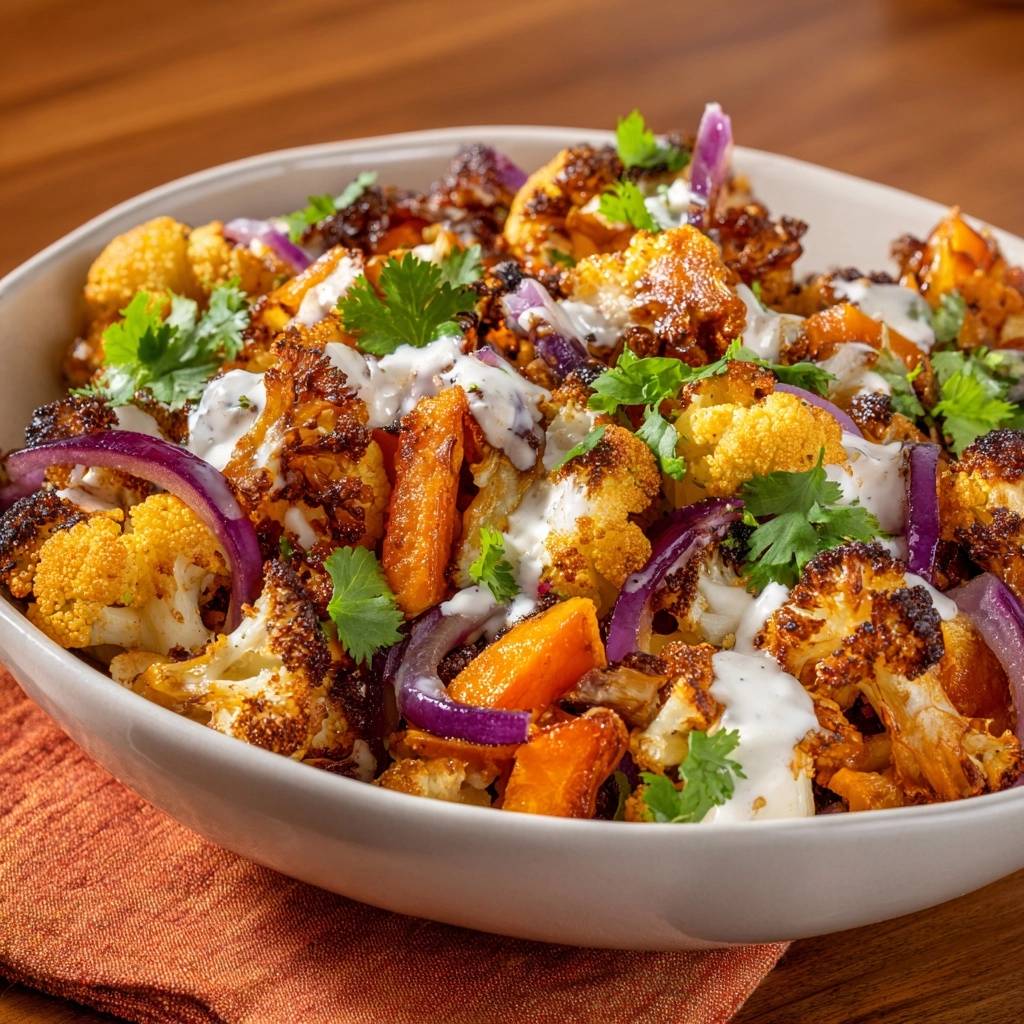 Röst-Blumenkohl mit Karotten und Joghurt-Dressing, serviert in einer Schüssel mit frischem Koriander, Nahaufnahme.