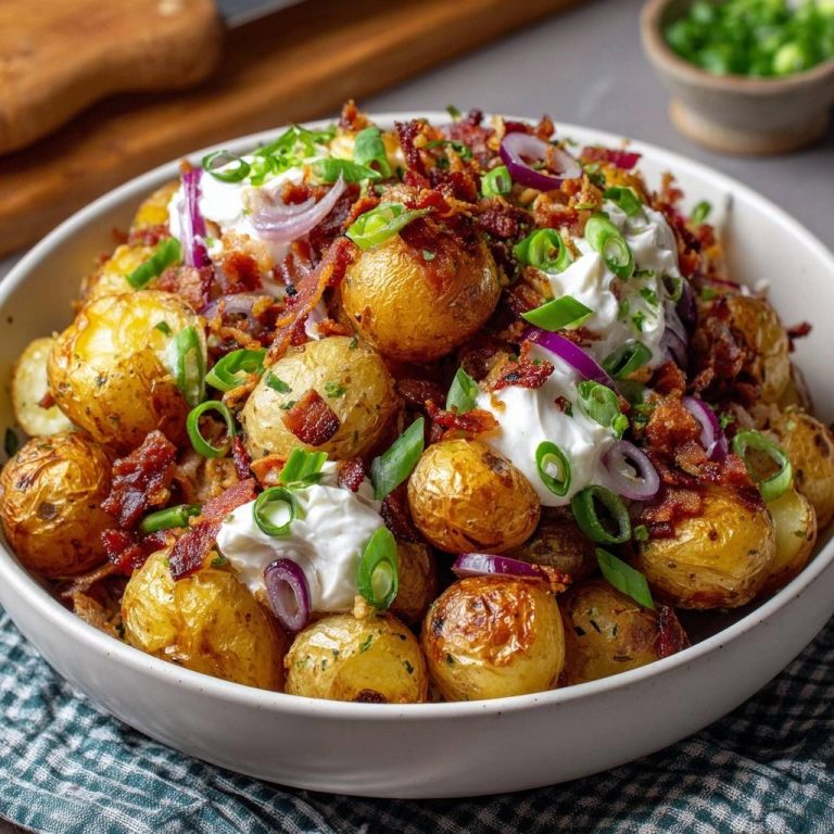 Knusprige Röstkartoffeln mit Speck und Sauerrahm, garniert mit roten Zwiebeln und Frühlingszwiebeln in einer weißen Schüssel.