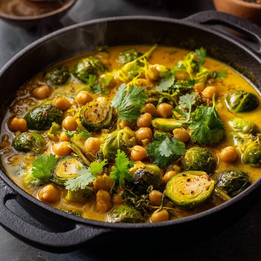 Knackiges Rosenkohl-Kichererbsen-Curry mit Koriander und dampfender Sauce in einer Pfanne, detailreiche Nahaufnahme.