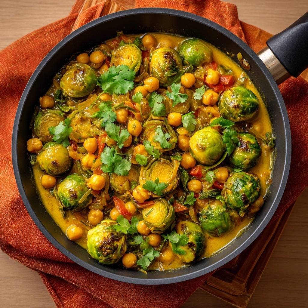 Cremiges Rosenkohl-Kichererbsen-Curry in der Pfanne von oben mit frischem Koriander garniert und in einer cremigen Sauce serviert.