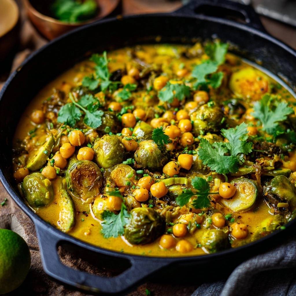 Knackiges Rosenkohl-Kichererbsen-Curry als Nahaufnahme im Topf mit frischer Koriandergarnitur und Limette.