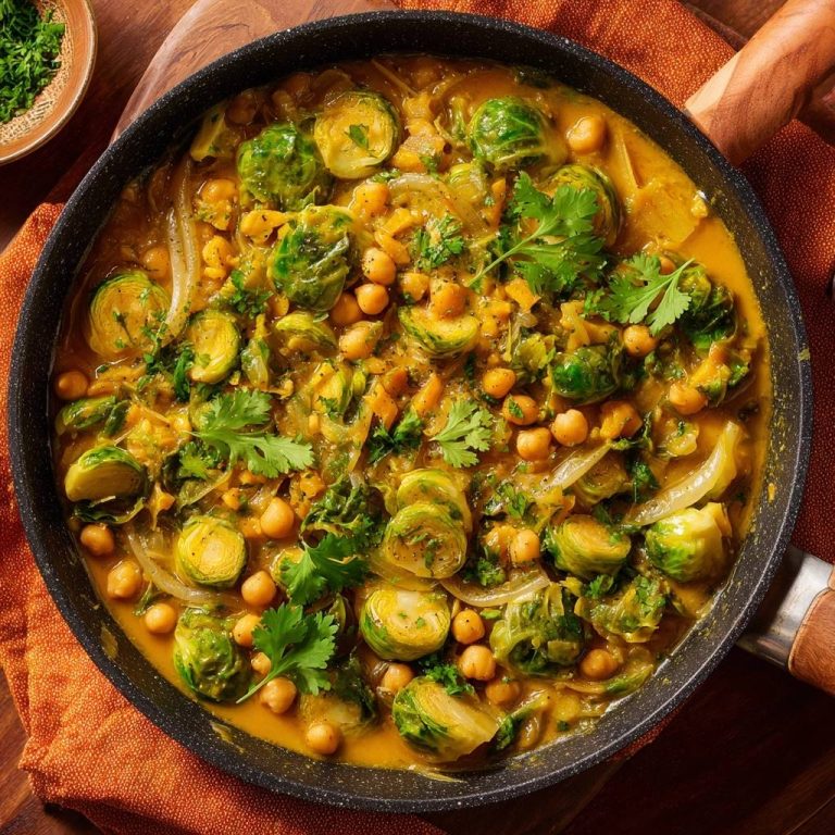 Cremiges Rosenkohl-Kichererbsen-Curry – vegan & knackig, von oben in einer Pfanne serviert mit frischer Petersilie garniert.
