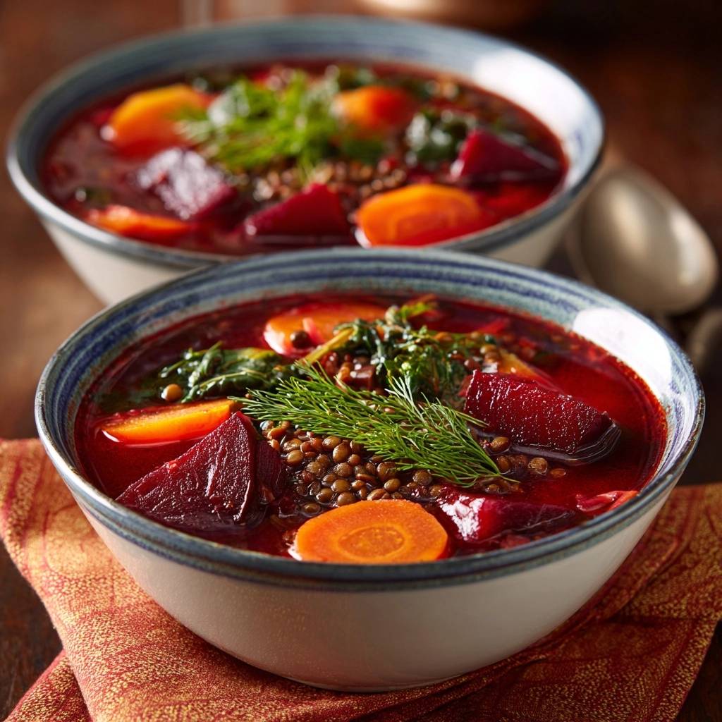 Sämige Rote-Bete-Linsensuppe mit frischer Dill-Garnitur und Linsen, serviert in einer Schüssel.
