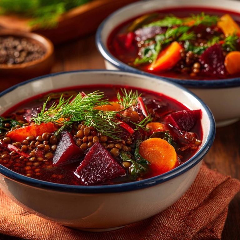 Sämige Rote-Bete-Linsensuppe mit Dill als Garnitur in einer Schüssel, nah aufgenommen.