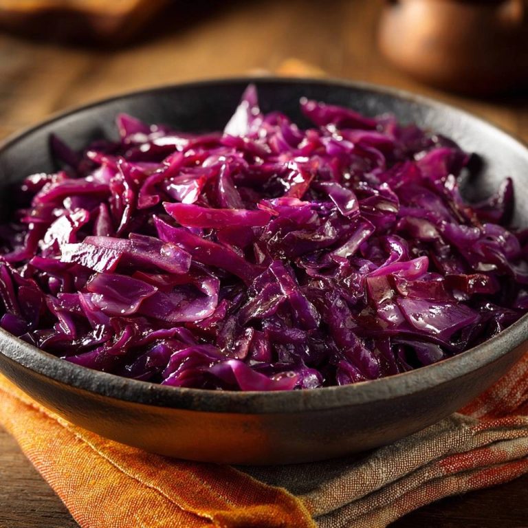 Perfekter Rotkohl als Nahaufnahme in einer schwarzen Schüssel auf einem orangen Tuch.