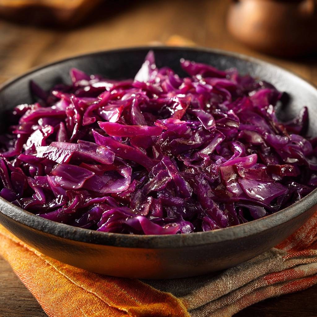 Perfekter Rotkohl als Nahaufnahme in einer schwarzen Schüssel auf einem orangen Tuch.