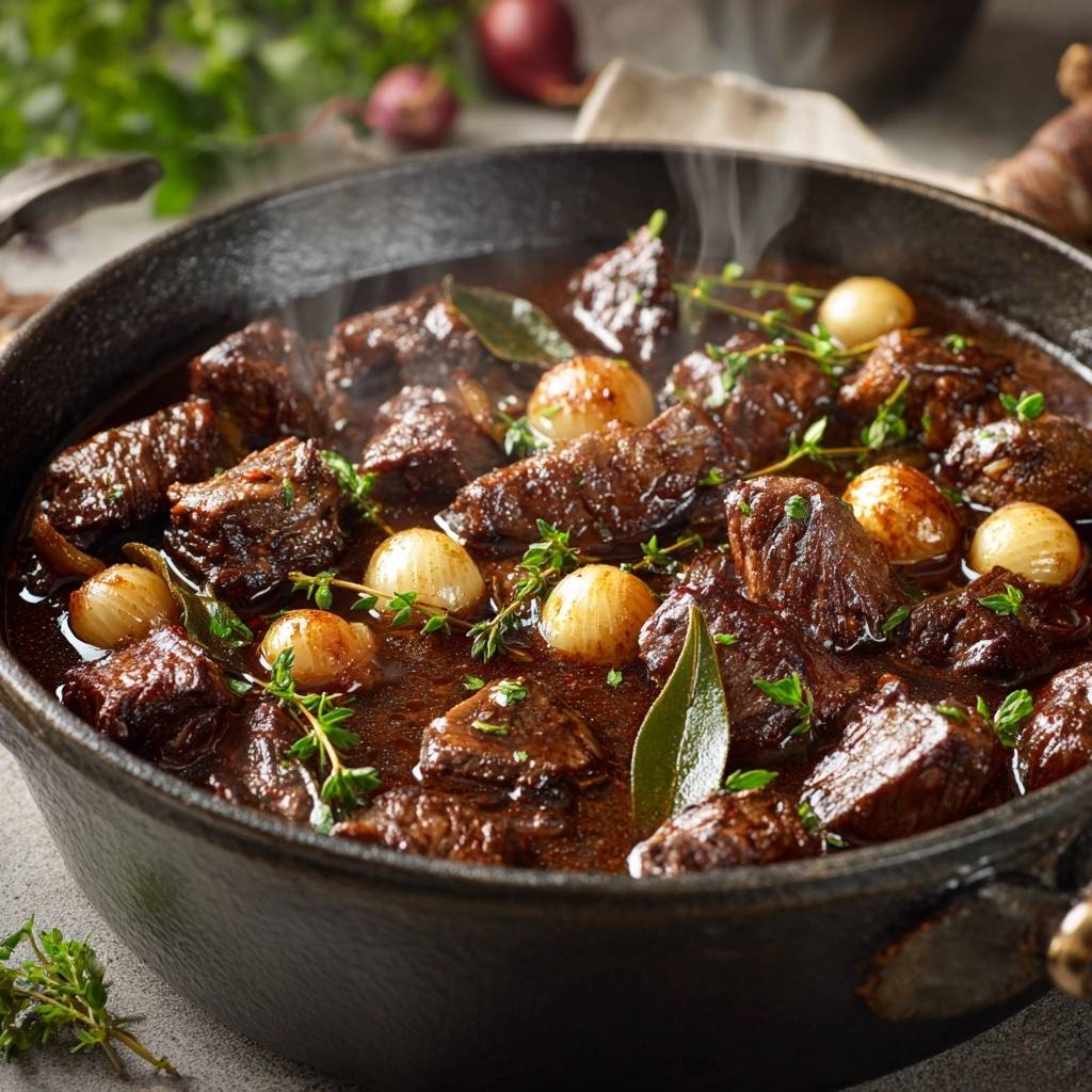 Rustikales Rindfleischragout mit Perlzwiebeln, das dampfend in einem schwarzen Gusseisentopf serviert wird.