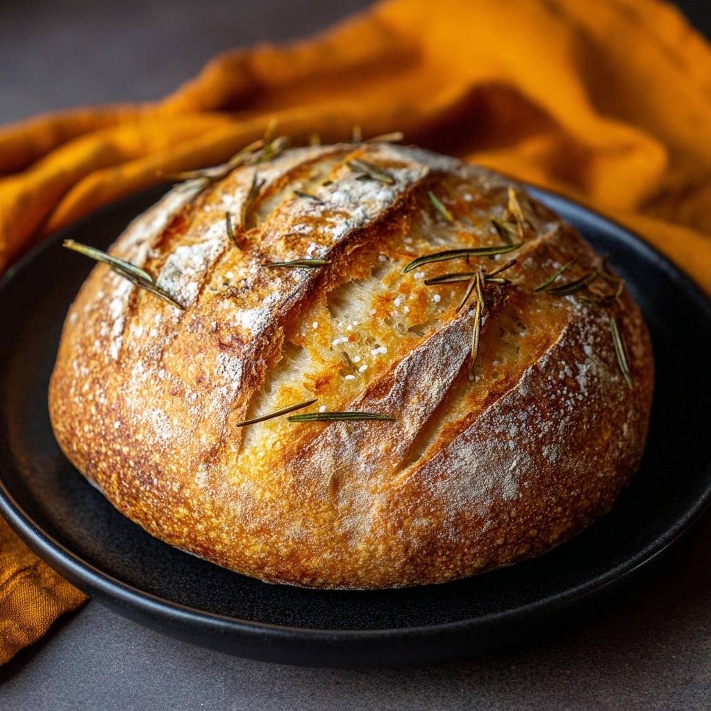 Rustikales Rosmarin-Salz-Brot, garniert mit frischen Rosmarinzweigen und grobem Salz, auf einem schwarzen Teller