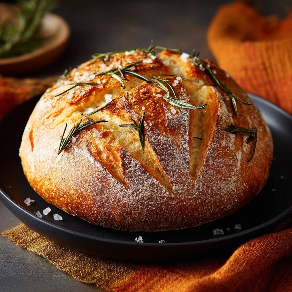 Rustikales Rosmarin-Salz-Brot mit frischem Rosmarin und grobem Salz garniert auf einem schwarzen Teller
