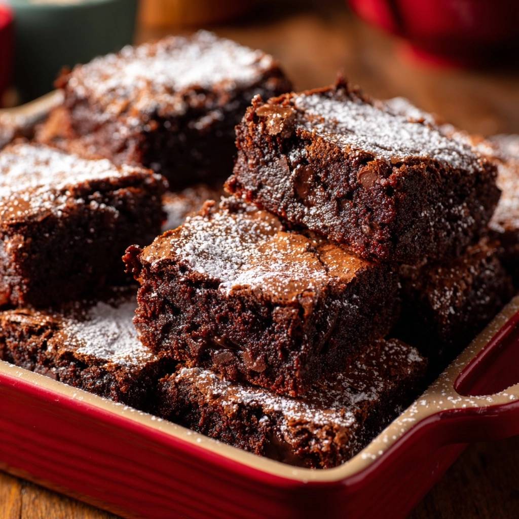 Saftige Schoko-Brownies, gestapelt in einer roten Auflaufform und mit Puderzucker bestäubt, zeigen ihre schokoladige Textur.