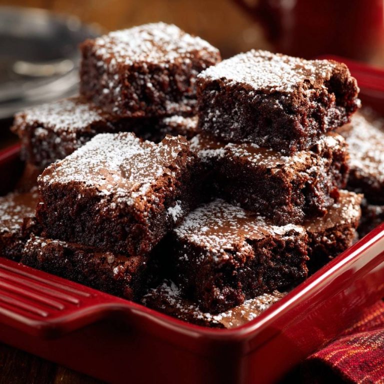 Saftige Schoko-Brownies, gestapelt in einer roten Form und mit Puderzucker bestäubt, zeigen ihre feuchte Textur.