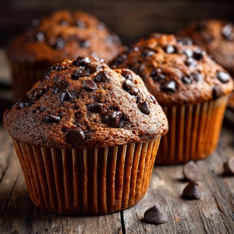 Saftige Schoko-Chip-Muffins mit vielen Schokostückchen, nah aufgenommen auf einem Holztisch.