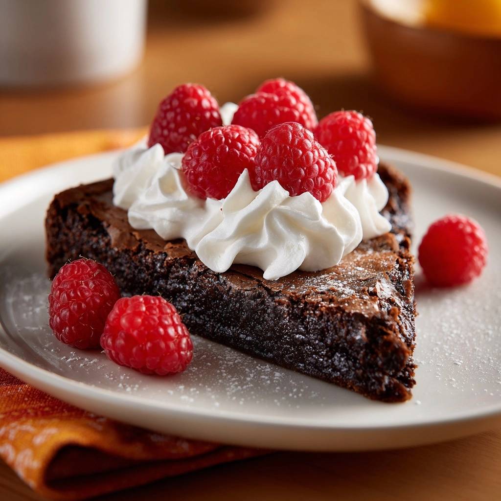 Saftige Schokoladen-Brownies mit Himbeeren, garniert mit frischer Schlagsahne und Beeren auf einem Teller.