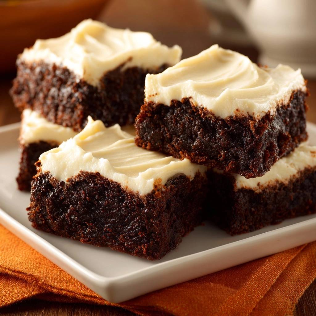 Saftige Schokoladen-Brownies mit Vanille-Frosting, gestapelt auf einem weißen Teller, Nahaufnahme der cremigen Glasur und des dunklen Kuchens.