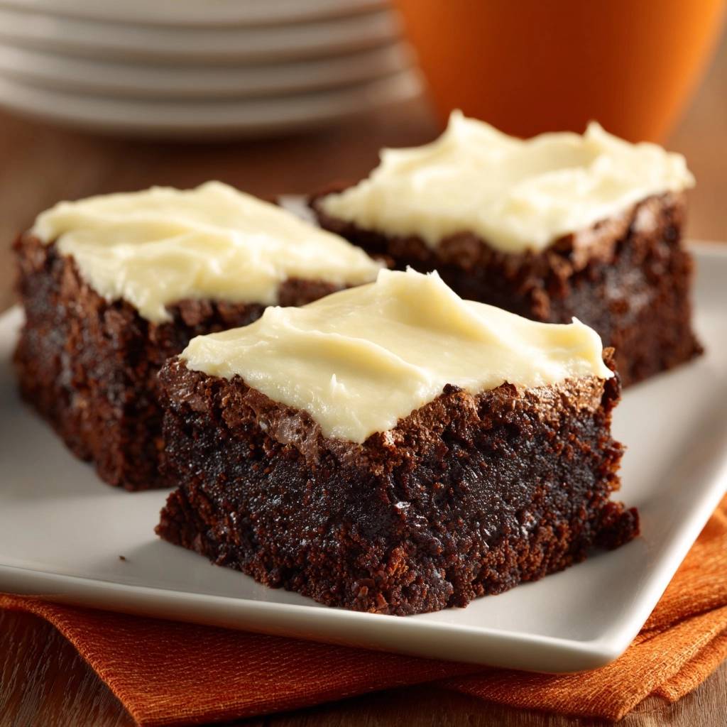 Saftige Schokoladen-Brownies mit Vanille-Frosting als Nahaufnahme von drei Stück auf einem Teller serviert.
