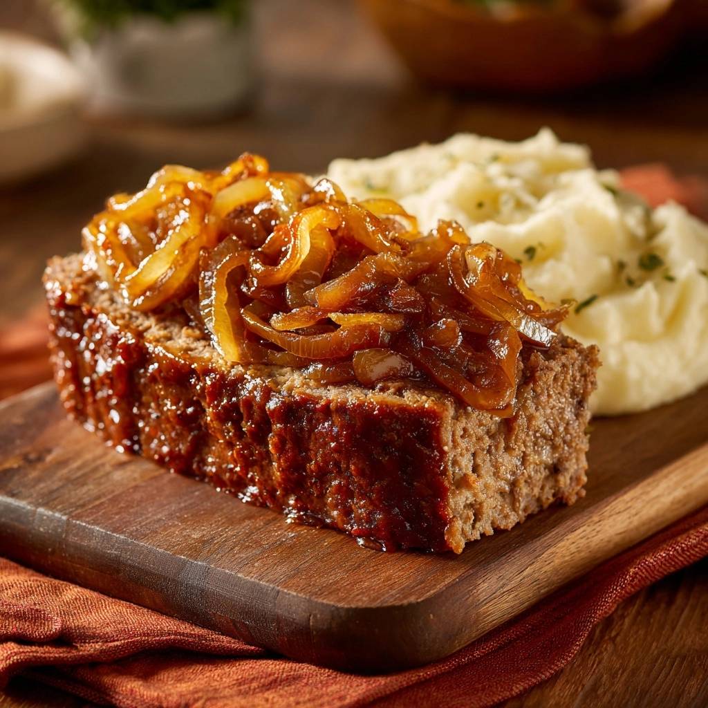 Saftiger Hackbraten mit karamellisierten Zwiebeln, Nahaufnahme der glasierten Oberfläche und Beilage aus Kartoffelpüree.
