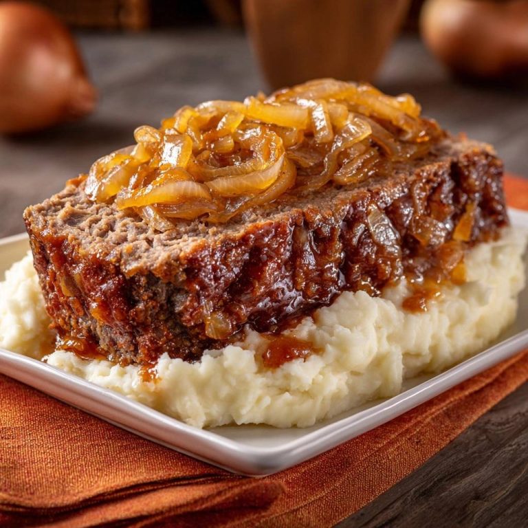 Saftiger Hackbraten mit karamellisierten Zwiebeln, serviert auf Kartoffelbrei, Nahaufnahme der Textur und Glasur