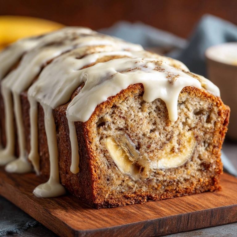 Saftiges Bananenbrot mit Zimt-Frosting, angeschnitten mit einem Stück Banane im Inneren auf einem Holzbrett