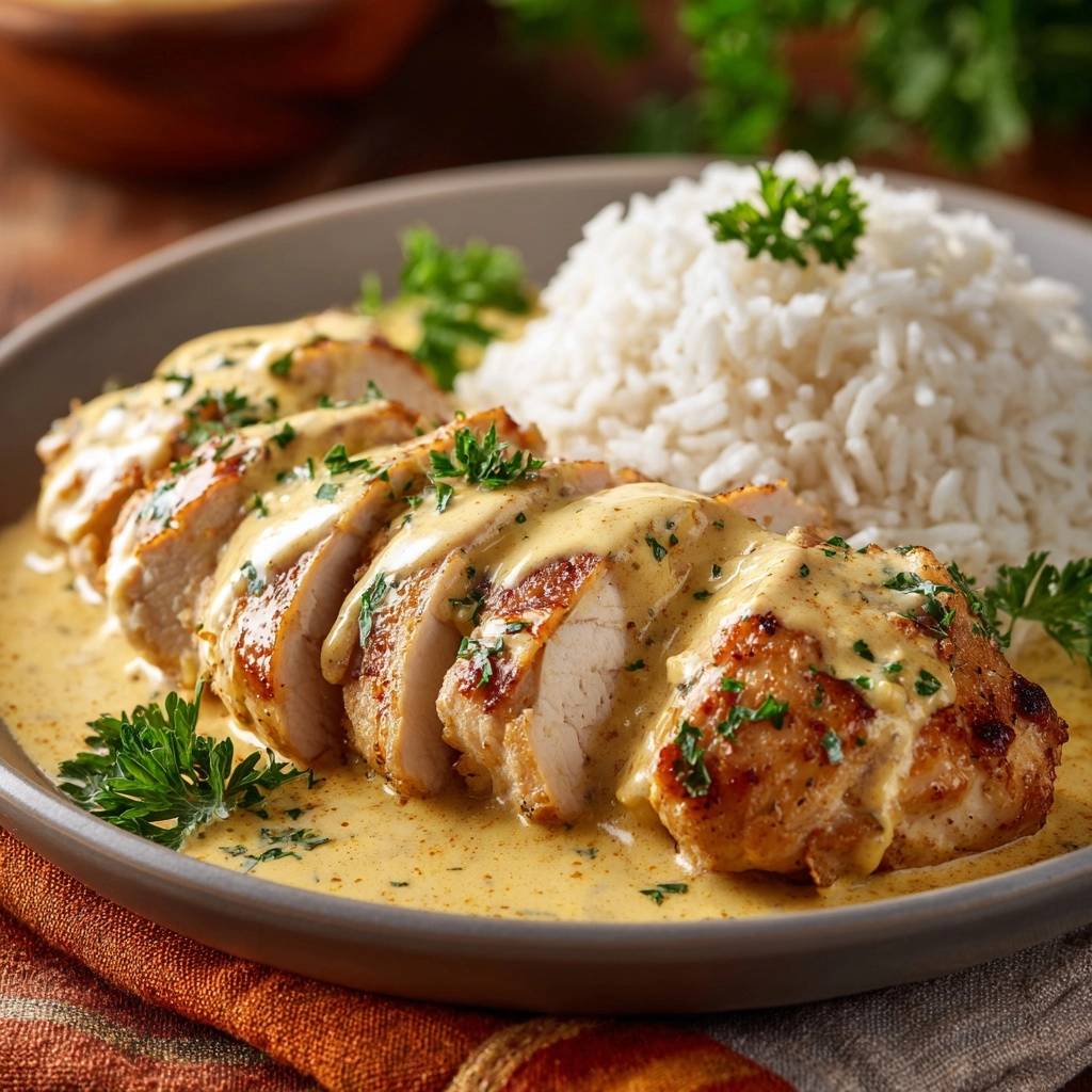 Saftiges Hähnchen in cremiger Sauce mit Reis, angeschnitten und mit frischer Petersilie garniert, auf einem Teller serviert.