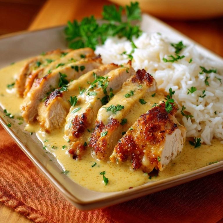 Saftiges Hähnchen in cremiger Senfsauce mit Reis, angeschnitten und mit frischer Petersilie garniert, serviert auf einem Teller.