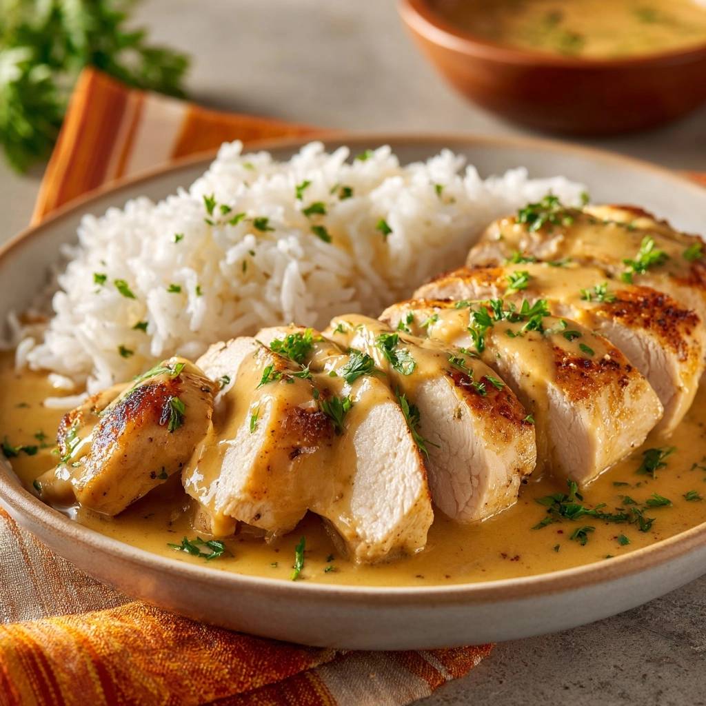 Saftiges Hähnchen in cremiger Sauce mit Reis, angeschnitten und mit Petersilie garniert auf einem Teller serviert.