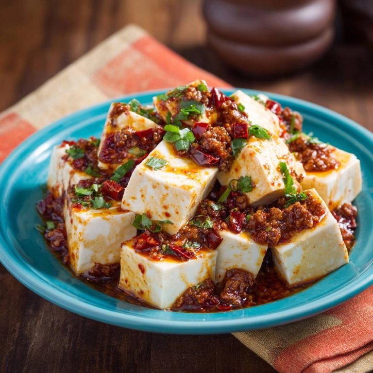 Scharfer Mapo Tofu als Nahaufnahme mit würziger Soße und frischen Kräutern garniert.