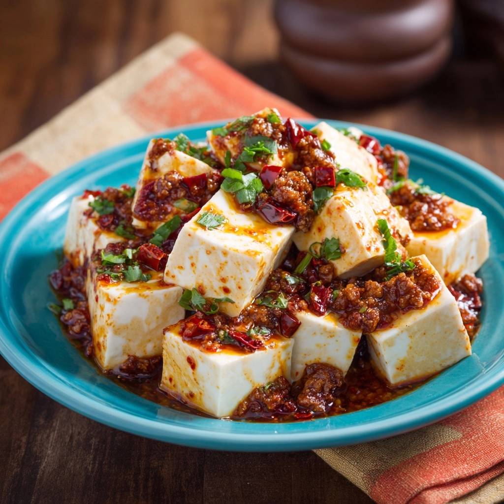 Scharfer Mapo Tofu als Nahaufnahme mit würziger Soße und frischen Kräutern garniert.