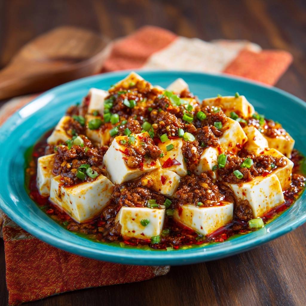 Scharfer Mapo Tofu, ein Gericht mit würziger Sauce und gehackten Frühlingszwiebeln, serviert auf einem blauen Teller.