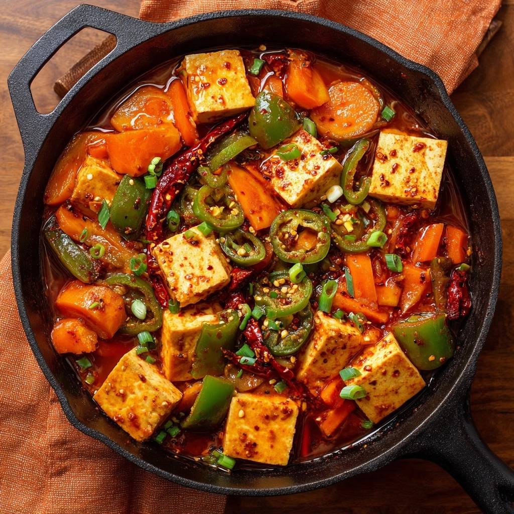 Scharfer Tofu aus der Pfanne, eine Nahaufnahme des Gerichts in einer gusseisernen Pfanne mit Gemüse und Gewürzen.