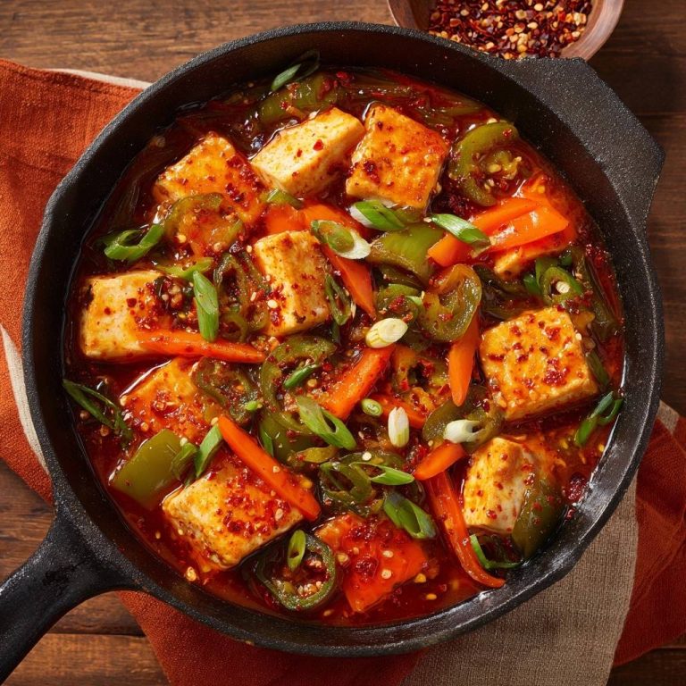 Scharfer Tofu aus der Pfanne mit Paprika und Karotten in einer würzigen Sauce, Nahaufnahme des Gerichts in einer Gusspfanne.