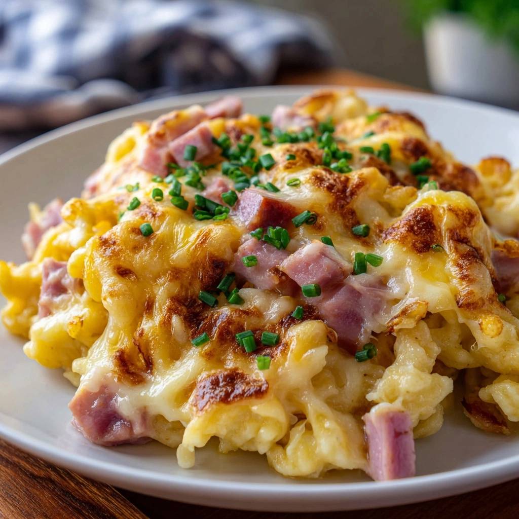 Knusprige Schinken-Käse-Spätzle mit frischen Kräutern garniert, nahaufnahme auf einem Teller