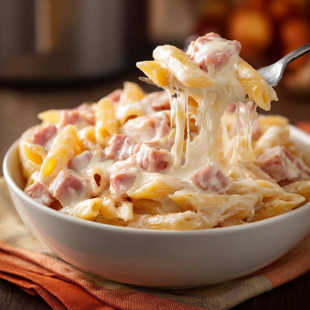 Cremige Schinken-Penne aus dem Instant Pot mit geschmolzenem Käse, der von einer Gabel herunterhängt.