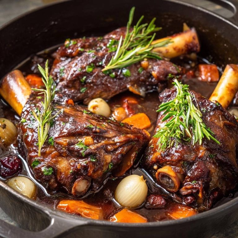 Schmorzartes Lamm mit Rosmarin, Karotten & Cranberries in einem Schmortopf mit glänzender Sauce.
