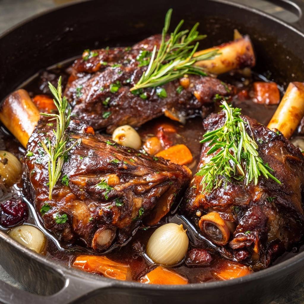 Schmorzartes Lamm mit Rosmarin, Karotten & Cranberries in einem Schmortopf mit glänzender Sauce.