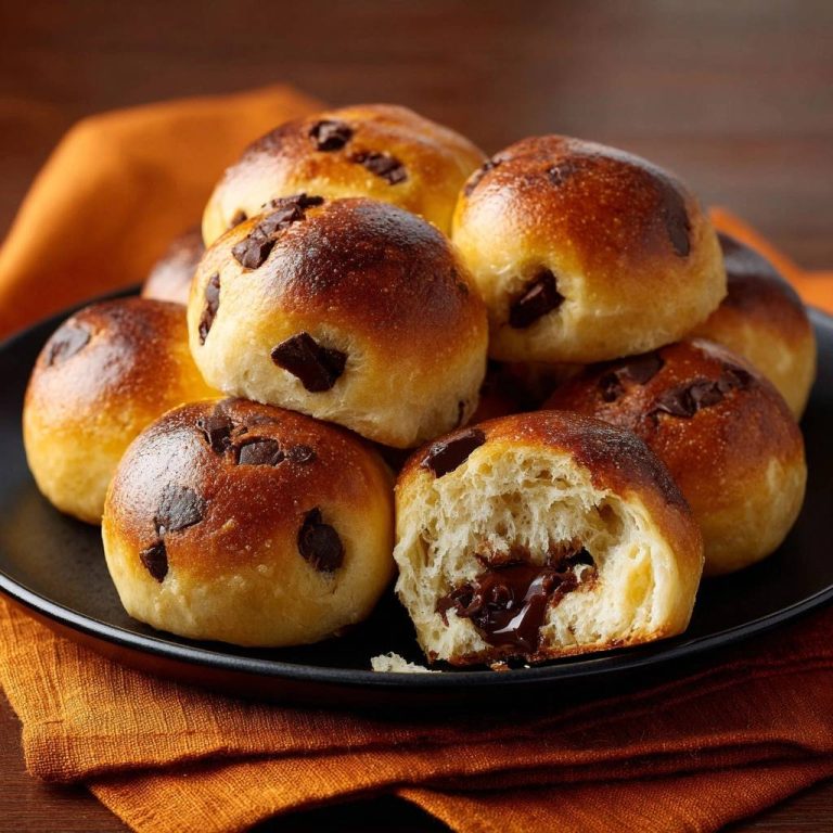 Fluffige Schoko-Brötchen, angeschnitten und zeigen die geschmolzene Schokoladenfüllung im Inneren.