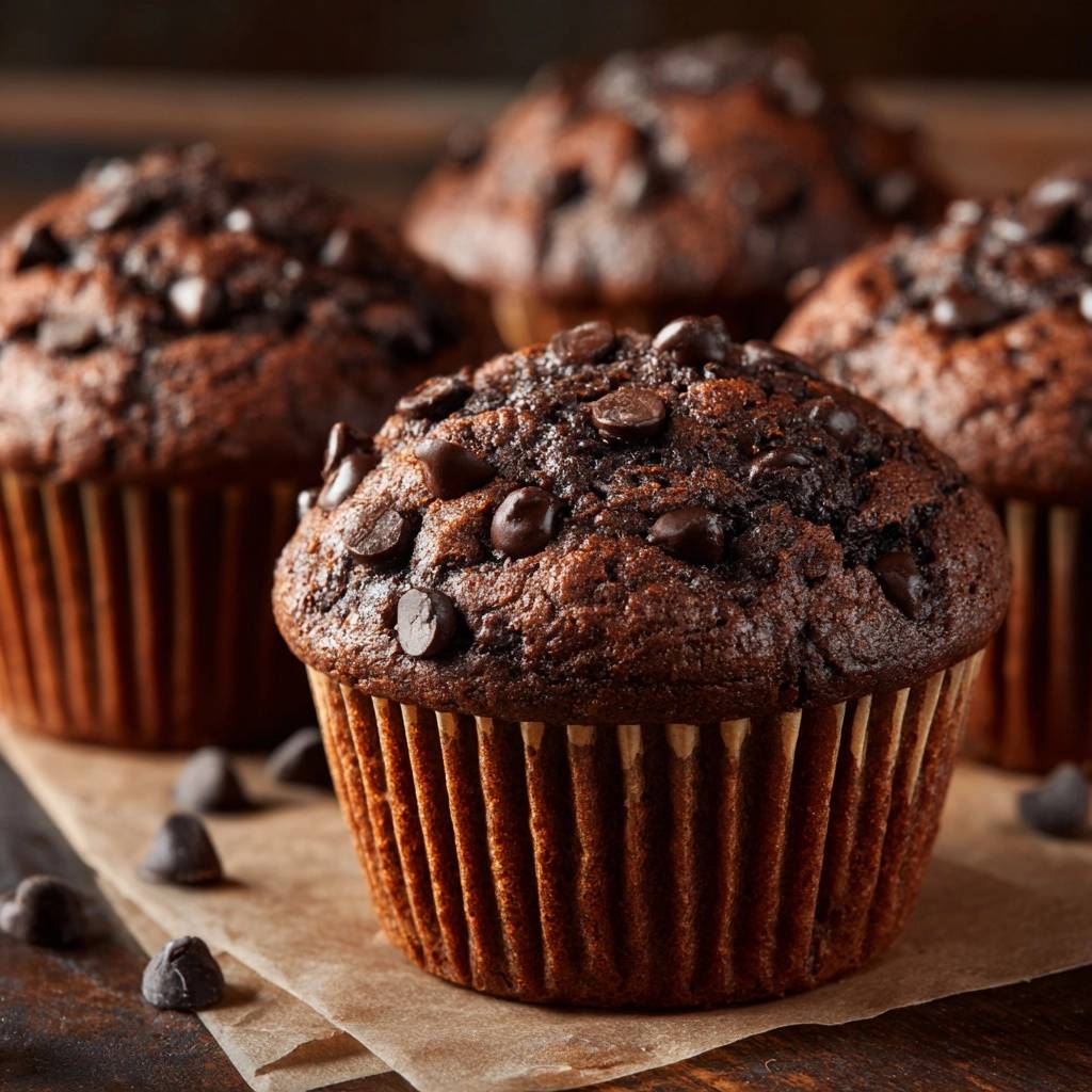 Saftige Schoko-Chip-Muffins mit vielen Schokoladenstückchen auf der Oberseite, nah aufgenommen.
