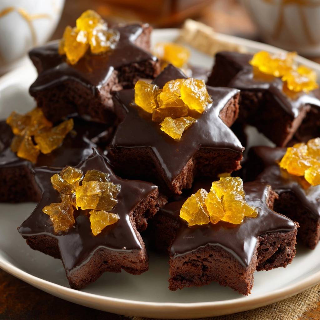 Festliche Schoko-Orangen-Brownie-Sterne, nahaufnahme der glasierten Sterne mit kandierten Orangenspalten als Garnitur.