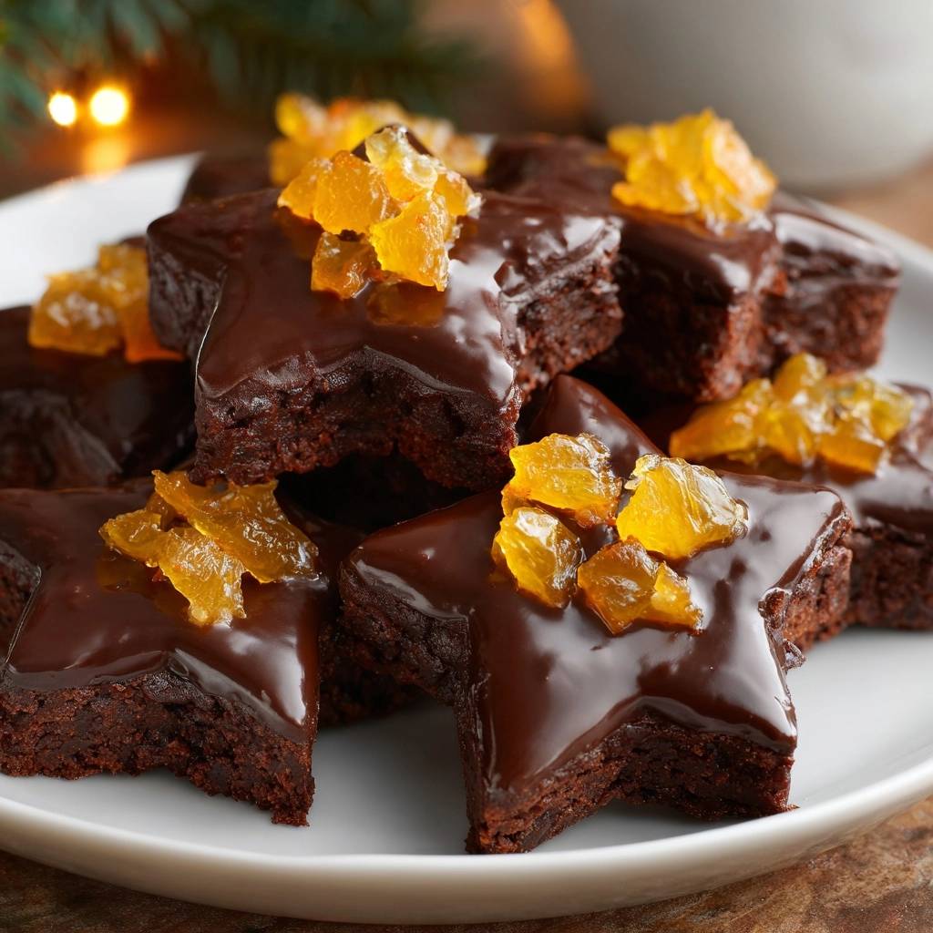 Festliche Schoko-Orangen-Brownie-Sterne mit Schokoladenglasur und kandierten Orangenscheiben, nahaufnahme