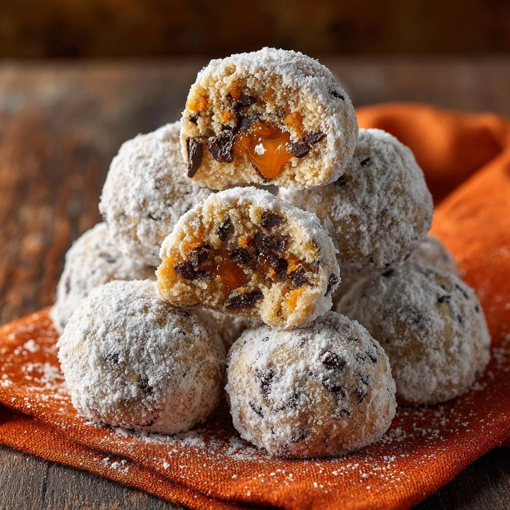 Schoko-Schneebälle angeschnitten mit einem saftigen Kern aus Schokolade und Karamell, auf einem orangen Tuch serviert.