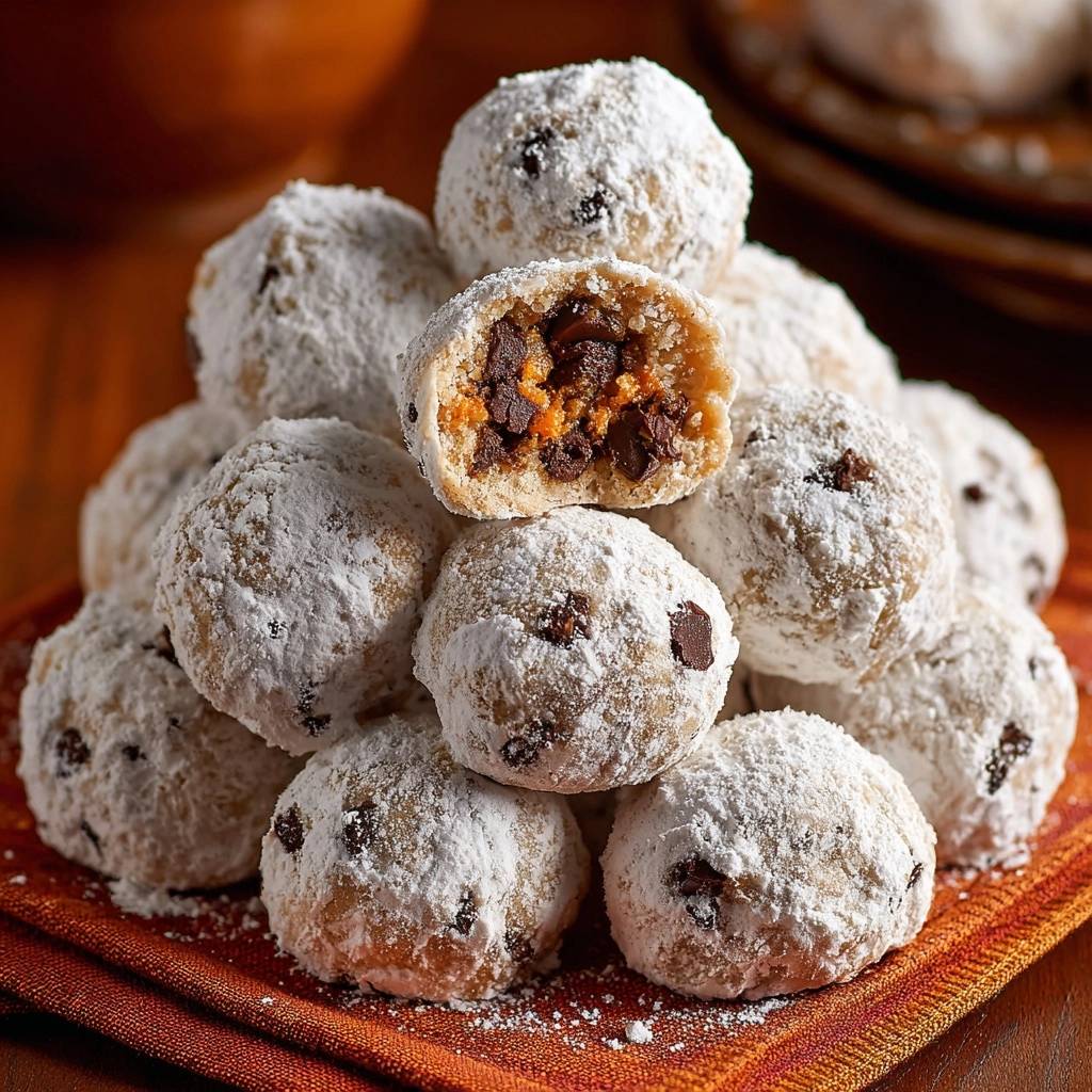Schoko-Schneebälle angeschnitten, die innen mit Schokoladenstückchen und einer orangen Füllung gefüllt sind.