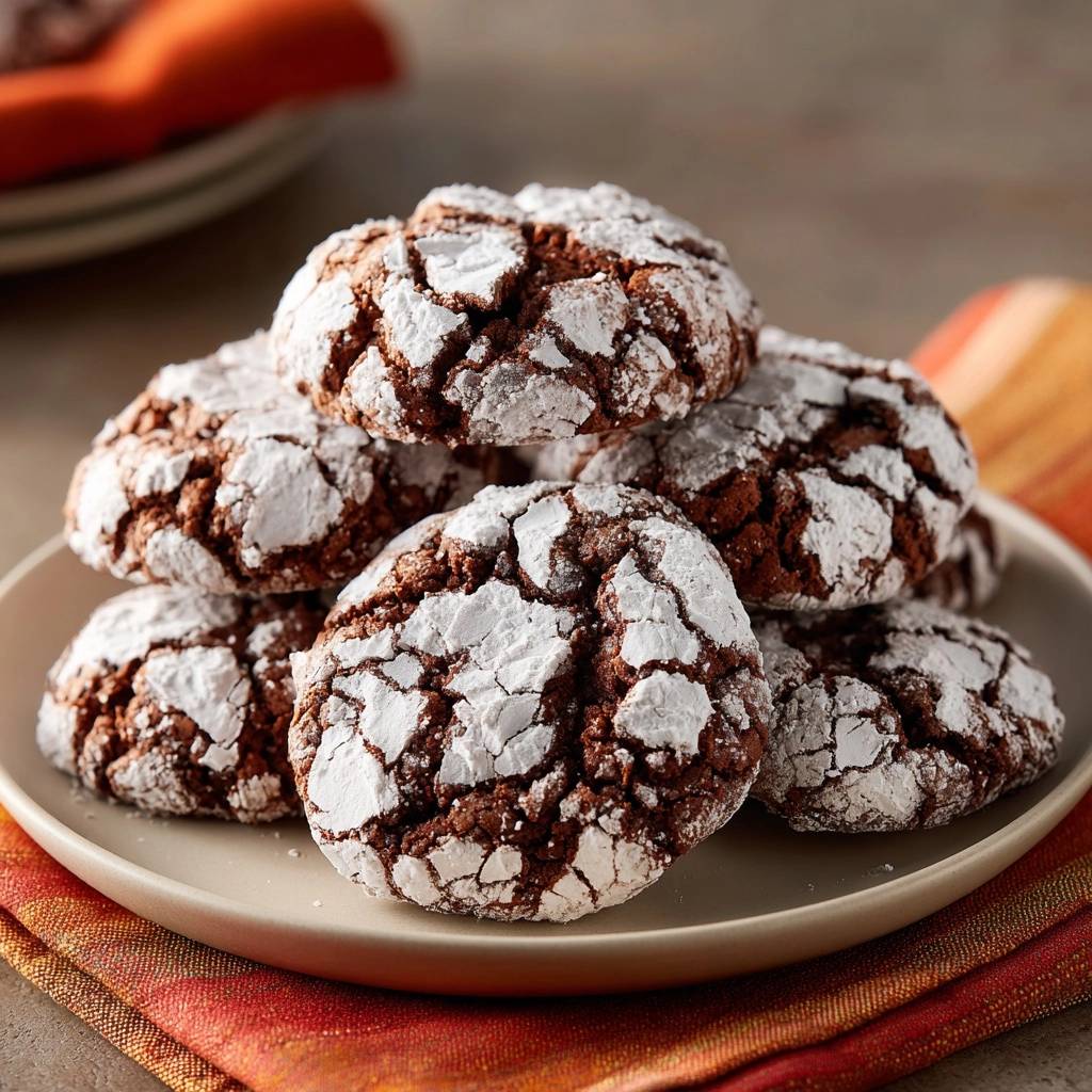 Schokoladen-Crinkle-Kekse mit Puderzucker bestäubt, die die knackige Textur und den süßen Geschmack hervorheben.