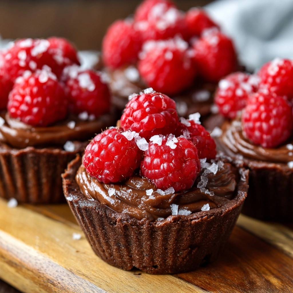 Schokoladen-Himbeer-Törtchen mit Meersalz, Nahaufnahme der fruchtigen Garnitur und des glänzenden Schokoladen-Ganache-Füllung.