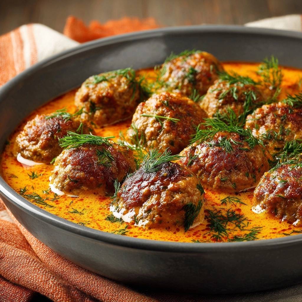 Schwedische Fleischbällchen in cremiger Dillsauce, nahaufnahme mit frischem Dill garniert in einer grauen Schüssel.