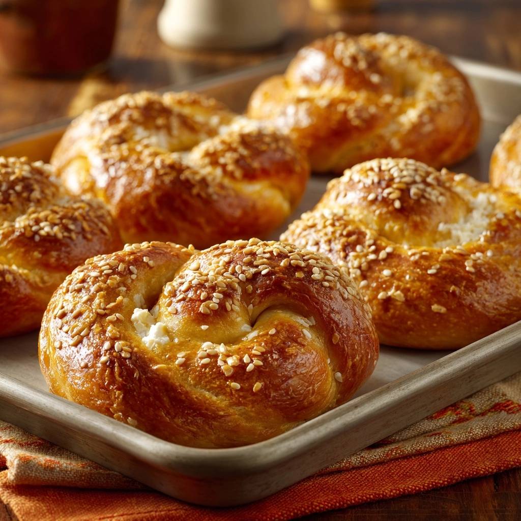 Knusprige Sesam-Käse-Brötchen mit sichtbarer Käsefüllung, nahaufnahme in einem Backblech.