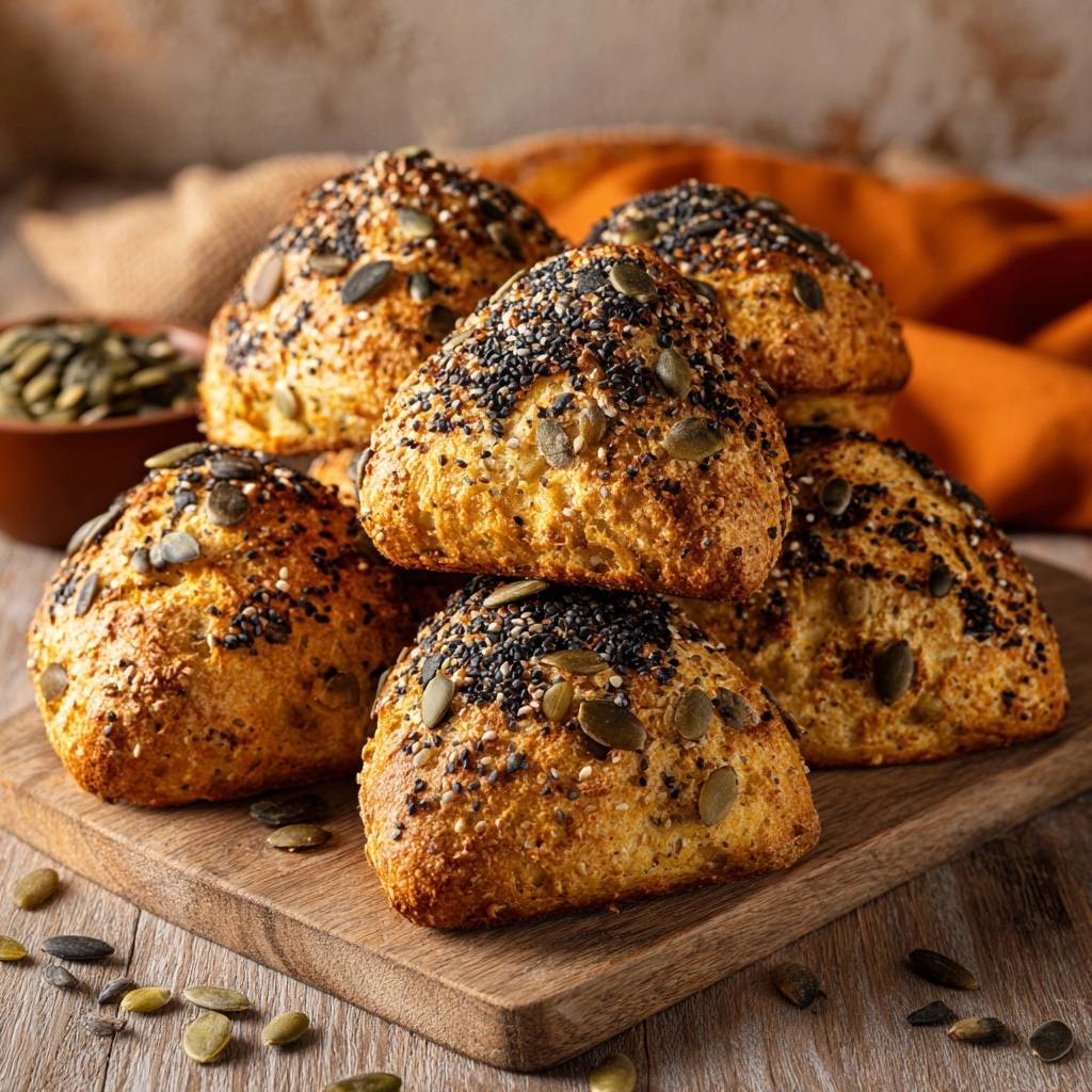Sesam-Kürbiskernbrötchen mit einer großzügigen Mischung aus Kürbiskernen und schwarzem Sesam auf dem Gipfel.