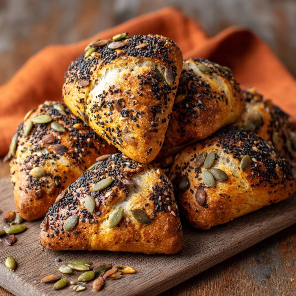 Sesam-Kürbiskernbrötchen mit vielen Kernen und Saaten, nahaufnahme der Oberfläche und eines einzelnen Brötchens